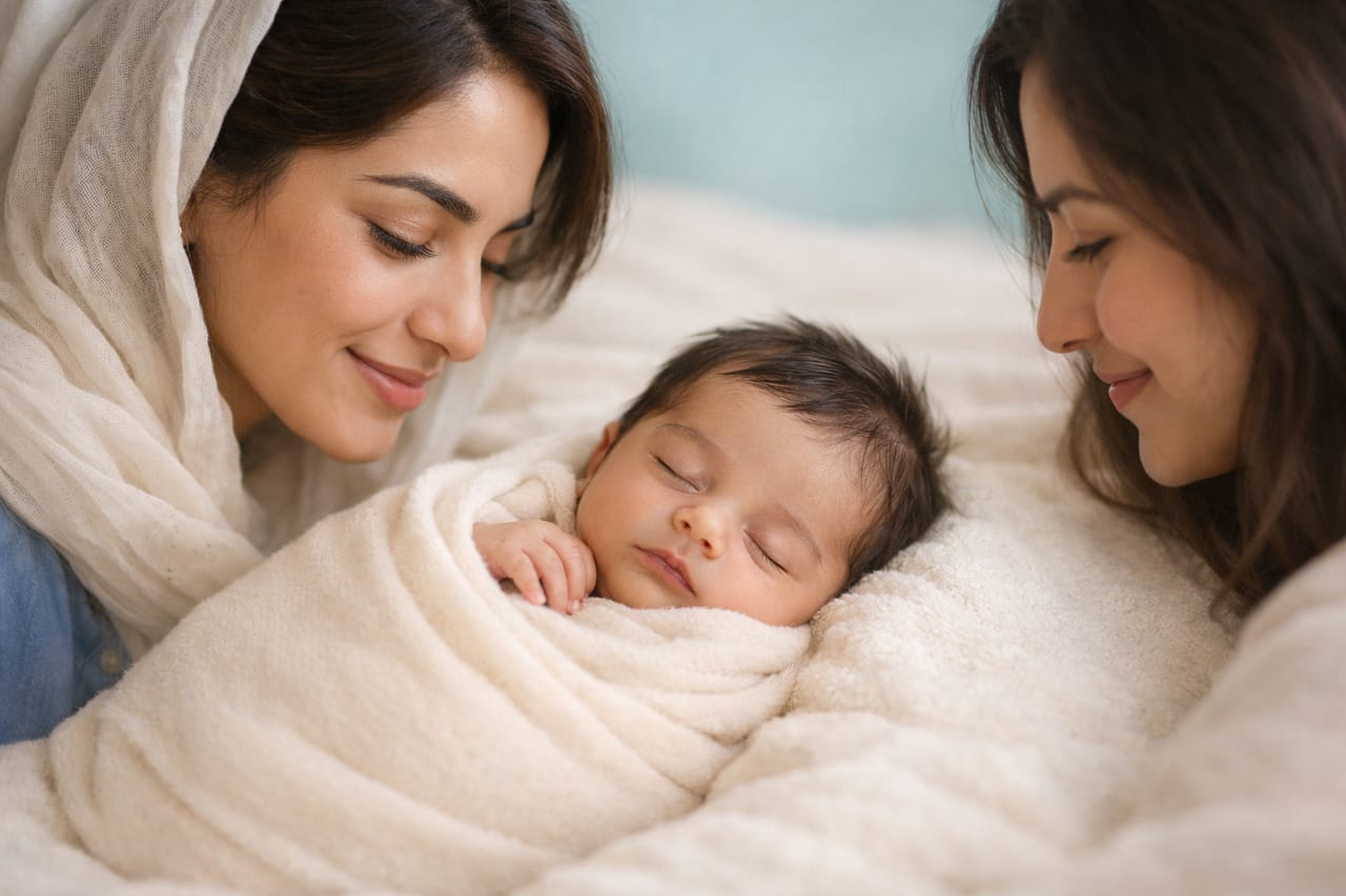 پزشک کودکان و مادر با نوزاد تازه‌متولدشده