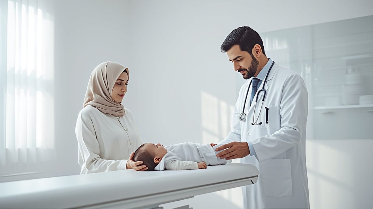معاینهٔ نوزاد توسط دکتر کشاورز متخصص کودکان در مطب، در حضور مادر